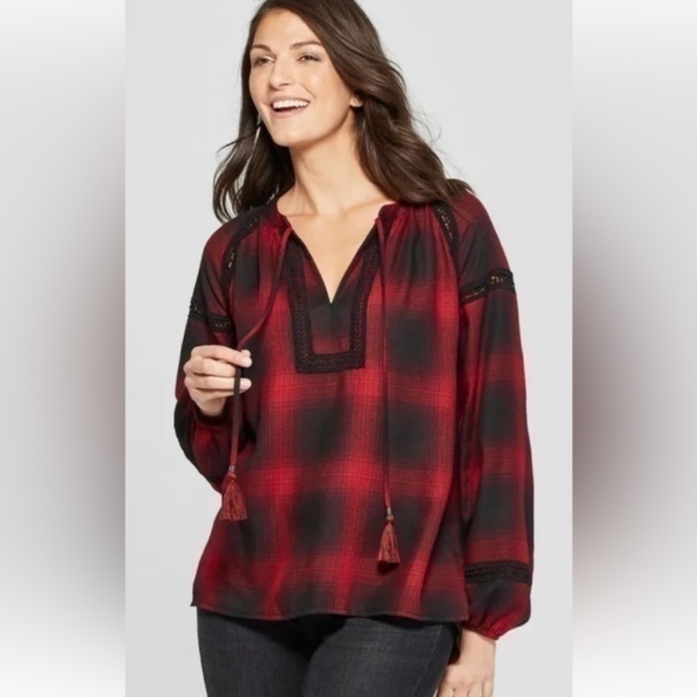 KNOX ROSE red & black plaid long sleeve top with black lace details and tassles.